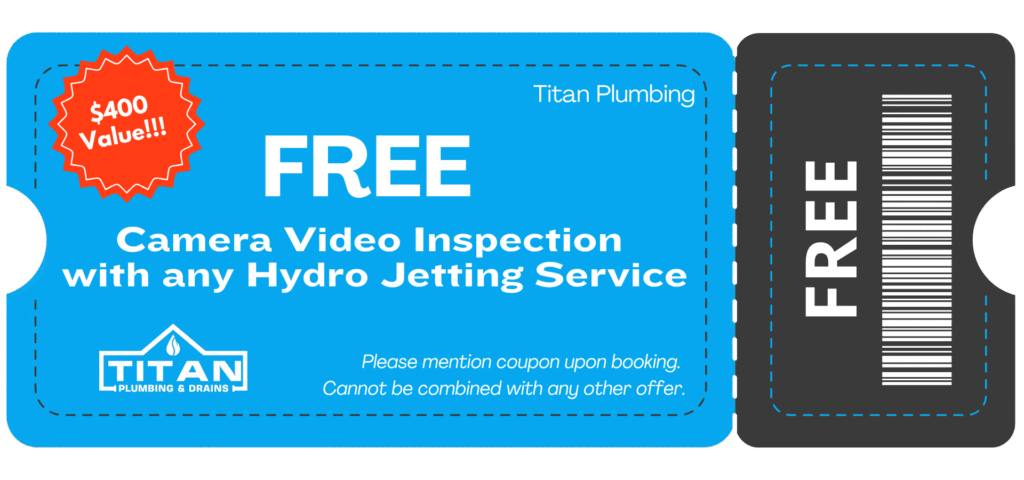 Titan Plumbing & Drains coupon for a free camera inspection with drain cleaning or hydro jetting, showing $400 value and terms.