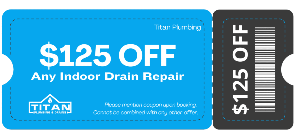Titan Plumbing & Drains indoor drain repair coupon for $125 off, valid in Ohio with terms about single use and mentioning offer.